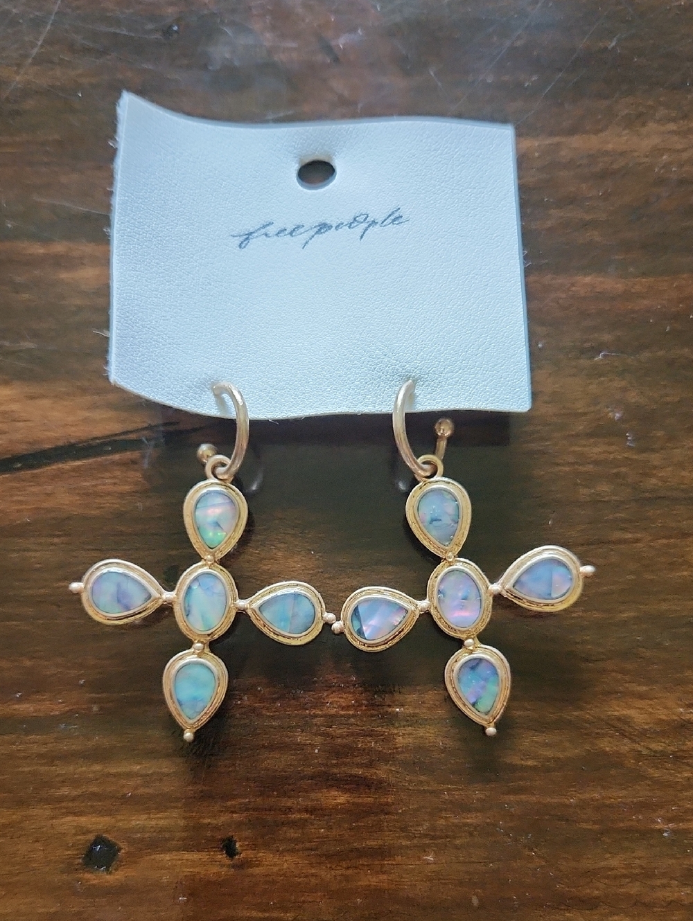 Free People Gold Cross Earrings with Iridescent Blue-Green Opal Teardrops